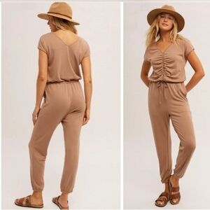 Hem And Thread Cappuccino Tan Short Sleeve Skinnny Leg Sweater Jumpsuit